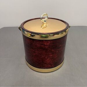 VTG Kraftware Mahogany Wood Grain Style W/ Gold Trim Ice Bucket 8x9”
